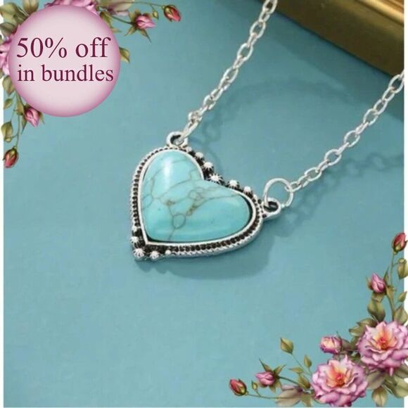 Western Style Vintage Fake Turquoise Necklace With Heart Shaped Pendant - Picture 1 of 13